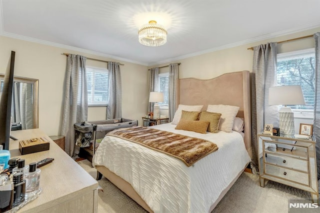 bedroom featuring an inviting chandelier, multiple windows, and ornamental molding