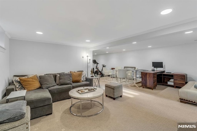 living room featuring light carpet and ornamental molding