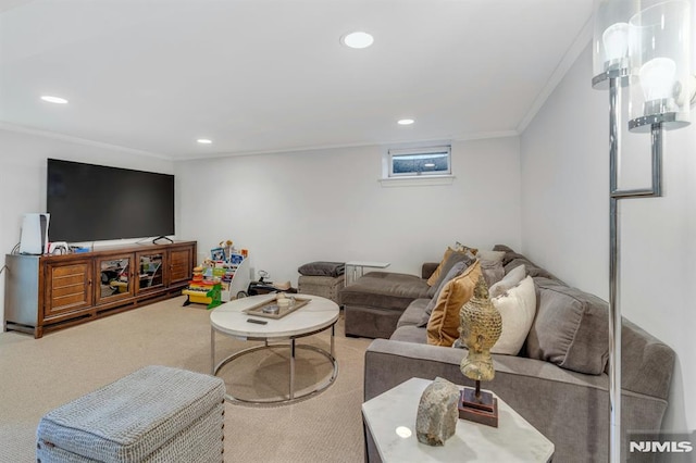 carpeted living room with crown molding