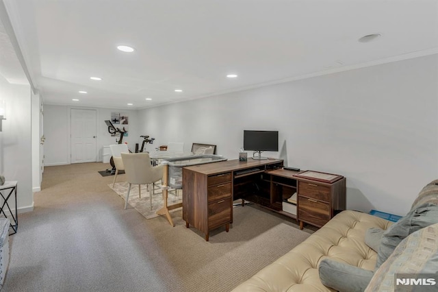 office featuring light carpet and ornamental molding