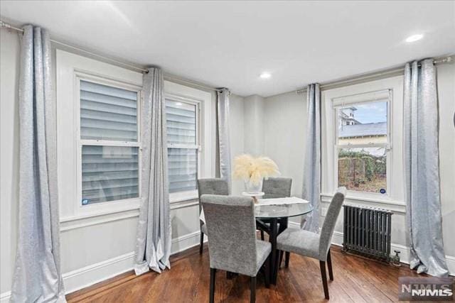 dining area featuring radiator, dark hardwood / wood-style flooring, and a healthy amount of sunlight