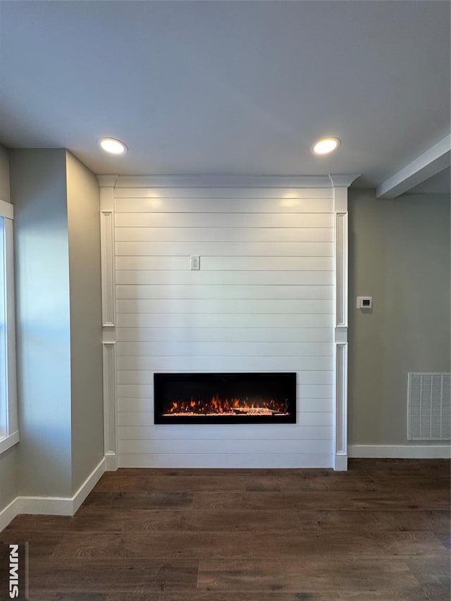 details with a large fireplace and hardwood / wood-style floors