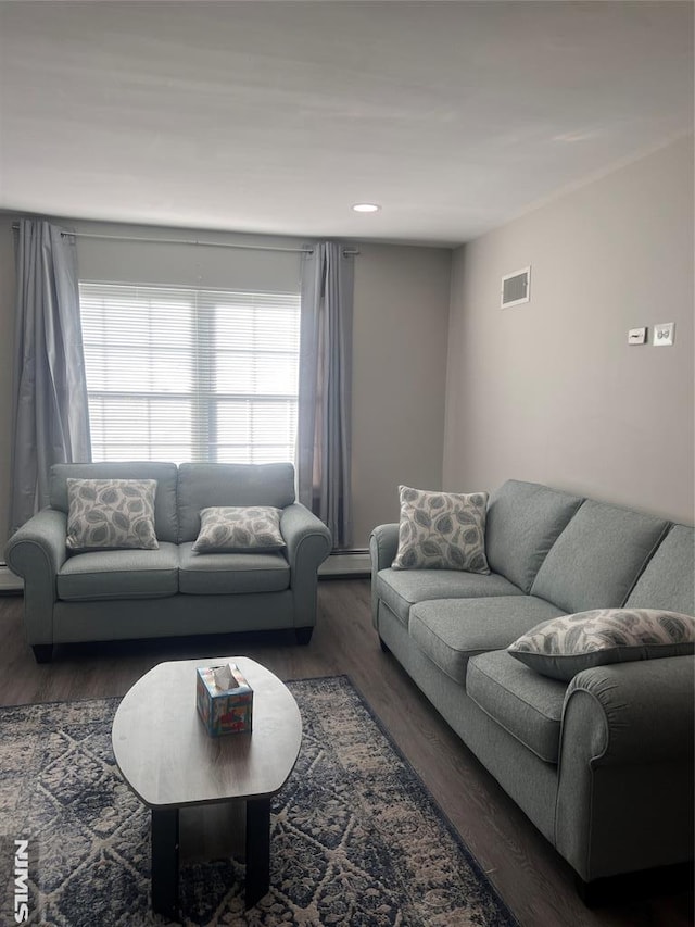 living room featuring dark wood-type flooring and a baseboard heating unit