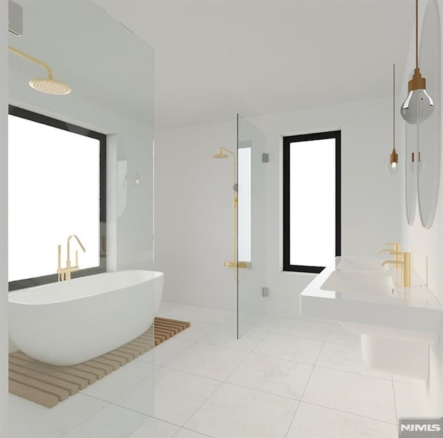 bathroom with tile patterned floors and independent shower and bath