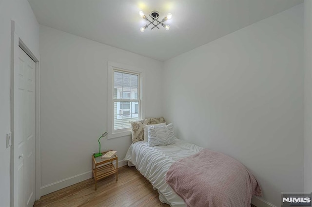 bedroom with light hardwood / wood-style flooring and a closet