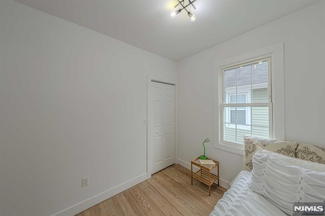 bedroom with light hardwood / wood-style floors and multiple windows