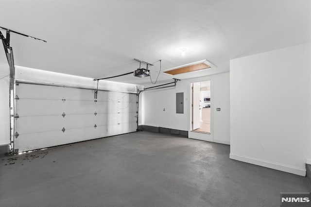 garage with electric panel and a garage door opener