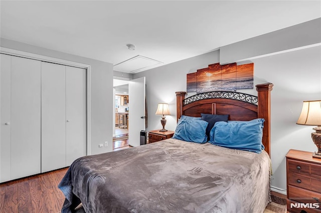 bedroom featuring dark wood-type flooring and a closet