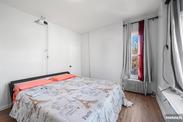 bedroom with radiator and dark hardwood / wood-style flooring