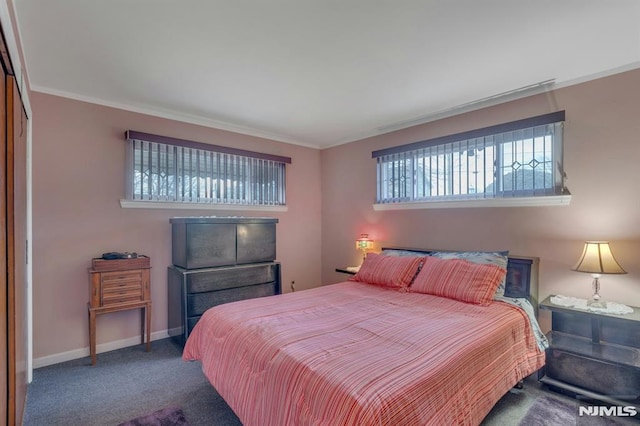 bedroom with ornamental molding, carpet floors, and a closet