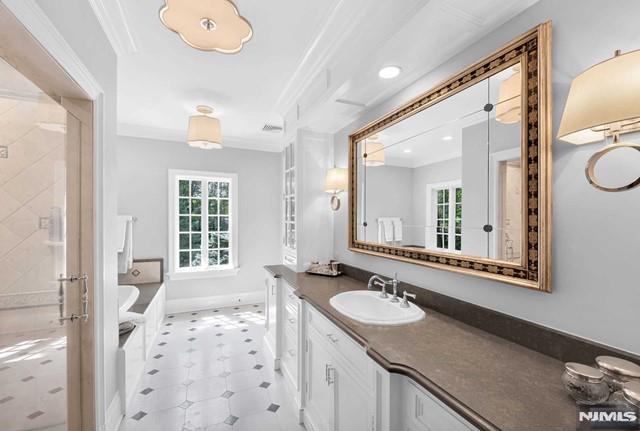 bathroom featuring a bathtub, crown molding, and vanity