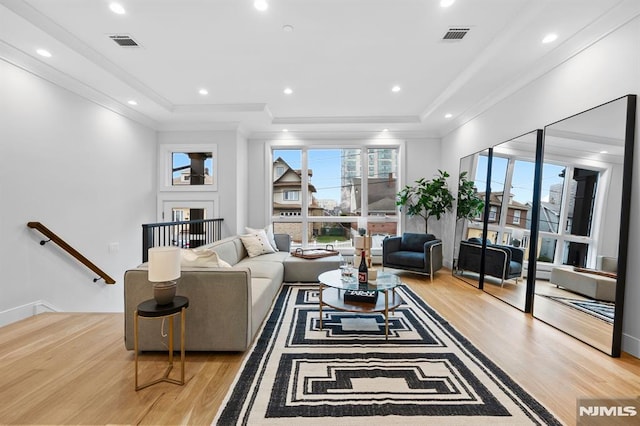 living room with light hardwood / wood-style flooring and a tray ceiling