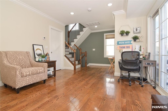 office featuring crown molding and wood-type flooring