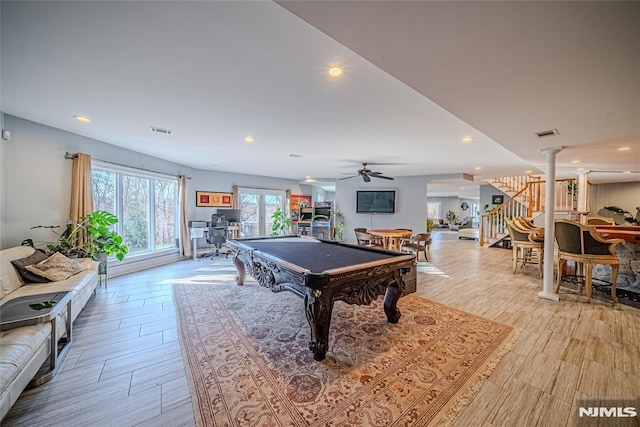 recreation room with decorative columns, ceiling fan, and billiards