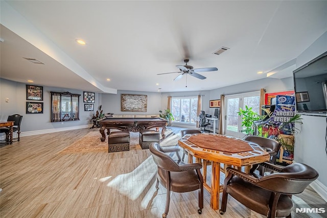 rec room featuring ceiling fan, light hardwood / wood-style flooring, and pool table