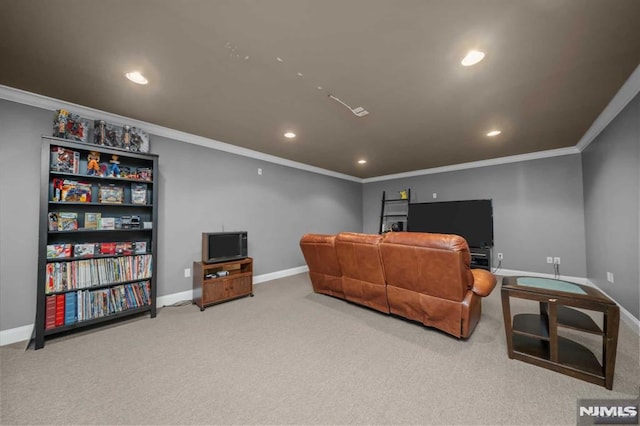 carpeted living room featuring crown molding