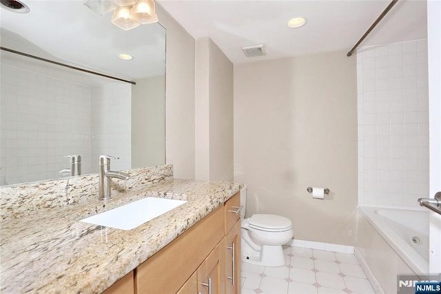 full bathroom with vanity, tile patterned floors, shower / washtub combination, and toilet