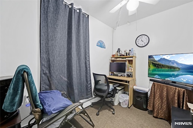 office with carpet floors and ceiling fan