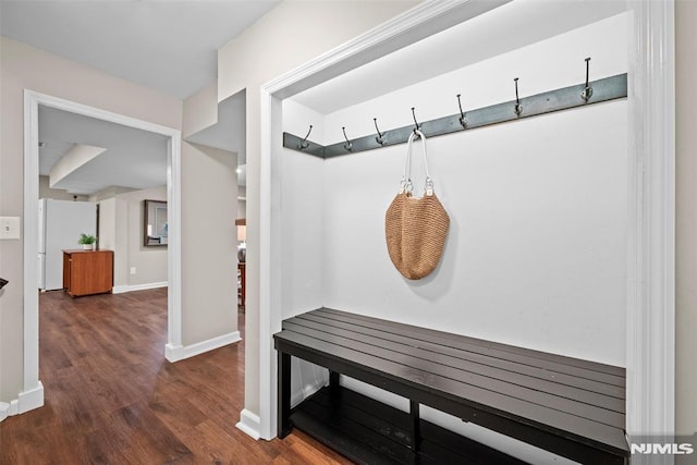 mudroom featuring dark wood-type flooring