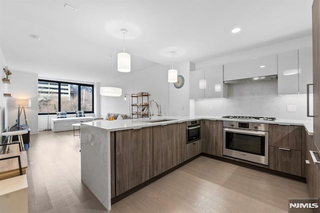 kitchen featuring sink, light hardwood / wood-style flooring, pendant lighting, white cabinets, and appliances with stainless steel finishes