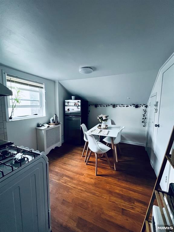 dining space featuring lofted ceiling and dark wood-type flooring