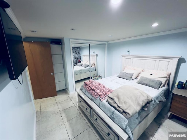 tiled bedroom featuring ornamental molding