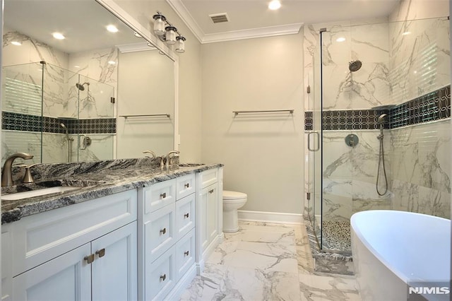 full bathroom with toilet, shower with separate bathtub, vanity, and ornamental molding