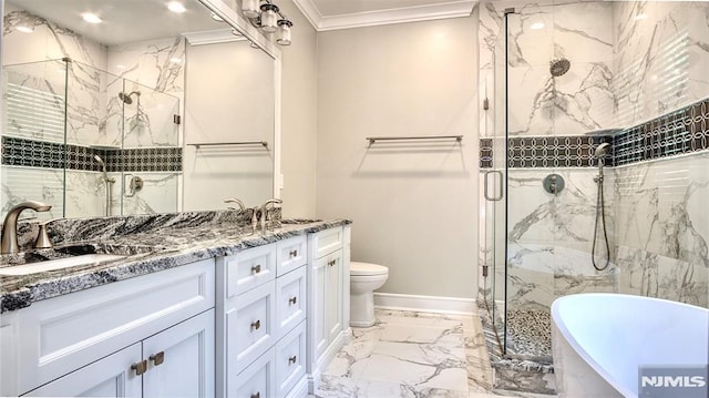 full bathroom featuring toilet, shower with separate bathtub, vanity, and crown molding