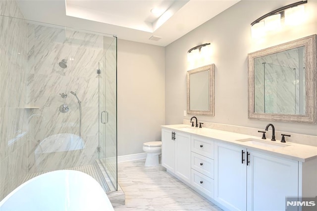 full bathroom featuring toilet, a raised ceiling, separate shower and tub, and vanity