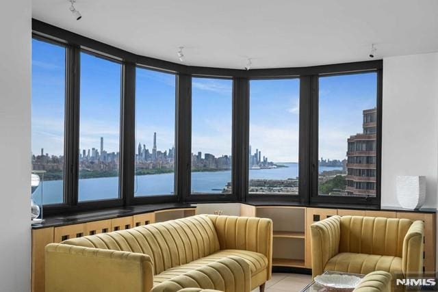 sunroom featuring plenty of natural light and a water view