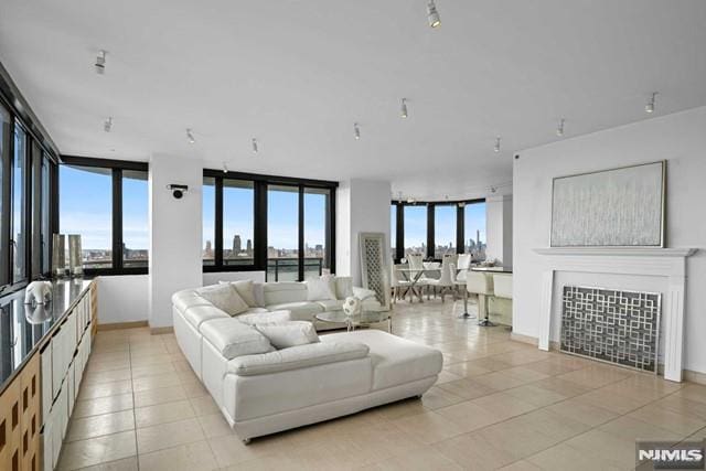 living room featuring light tile patterned floors