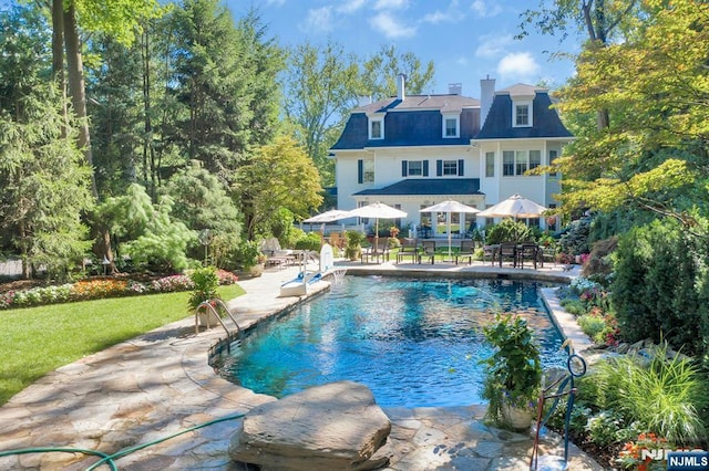 outdoor pool featuring a patio and a lawn