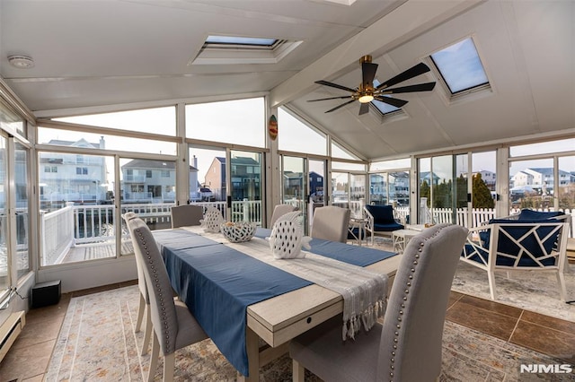 sunroom / solarium with ceiling fan, vaulted ceiling with skylight, and a baseboard heating unit