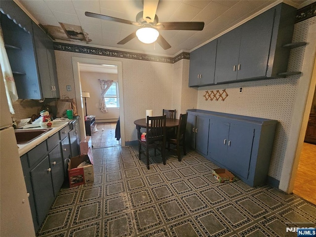 kitchen featuring ceiling fan, sink, and ornamental molding