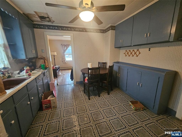 kitchen with ceiling fan, ornamental molding, and sink