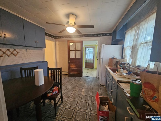 kitchen featuring ceiling fan, a healthy amount of sunlight, sink, and ornamental molding