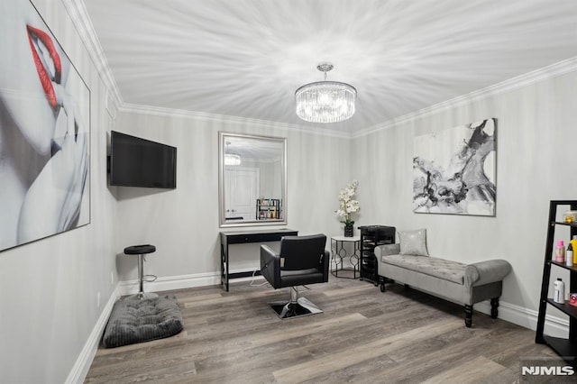 home office featuring hardwood / wood-style flooring, crown molding, and a chandelier