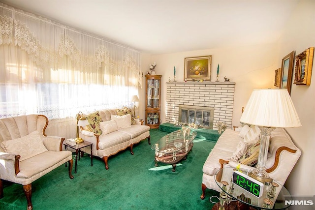 carpeted living room featuring a brick fireplace