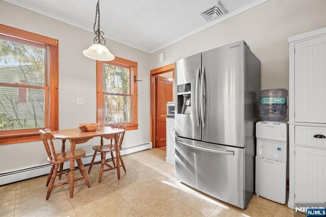 kitchen featuring light tile patterned floors, crown molding, baseboard heating, stainless steel refrigerator with ice dispenser, and decorative light fixtures