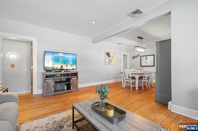 living room with hardwood / wood-style flooring and beam ceiling