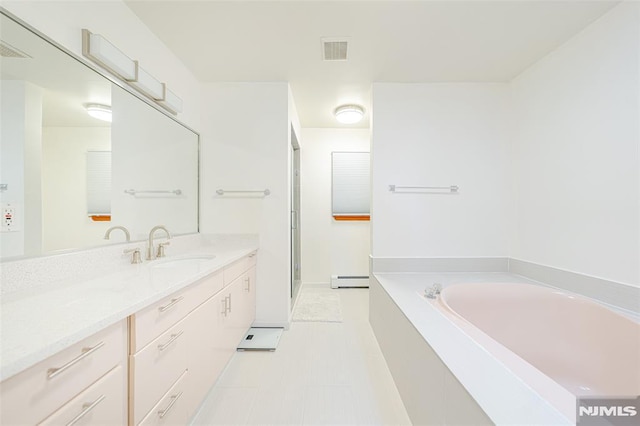 bathroom featuring baseboard heating, independent shower and bath, and vanity