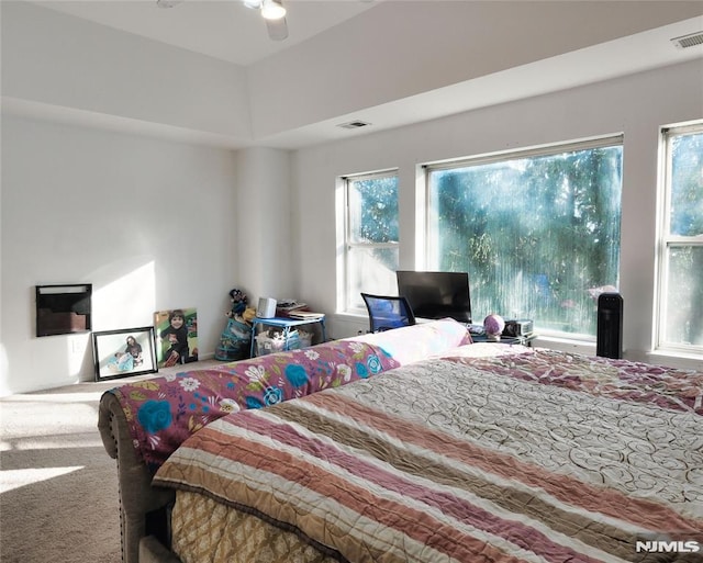 bedroom featuring a tray ceiling, ceiling fan, and carpet floors