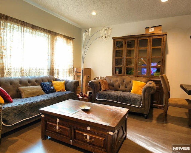 living room featuring a chandelier, wood-type flooring, and a textured ceiling