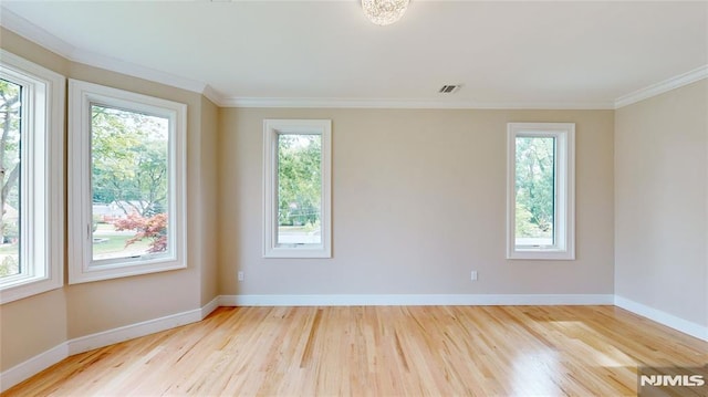 unfurnished room with light hardwood / wood-style floors and ornamental molding