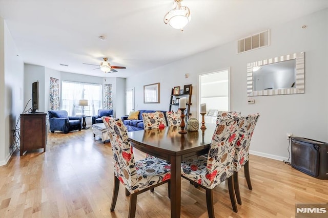 dining area with ceiling fan and light wood-type flooring