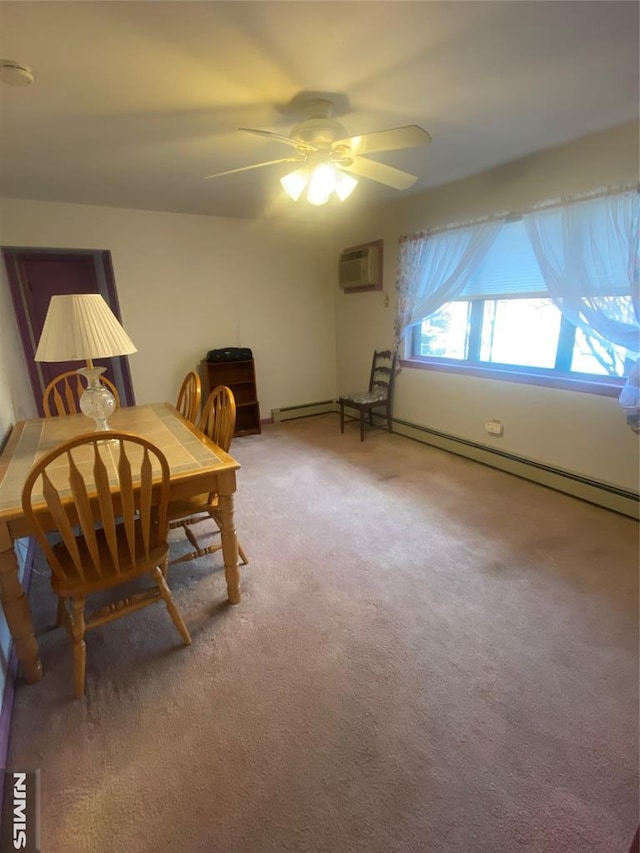 living area with a wall mounted air conditioner, carpet flooring, and ceiling fan