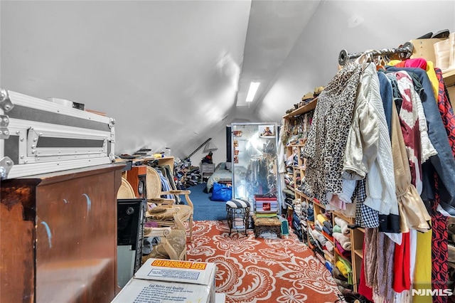 walk in closet with carpet flooring and lofted ceiling