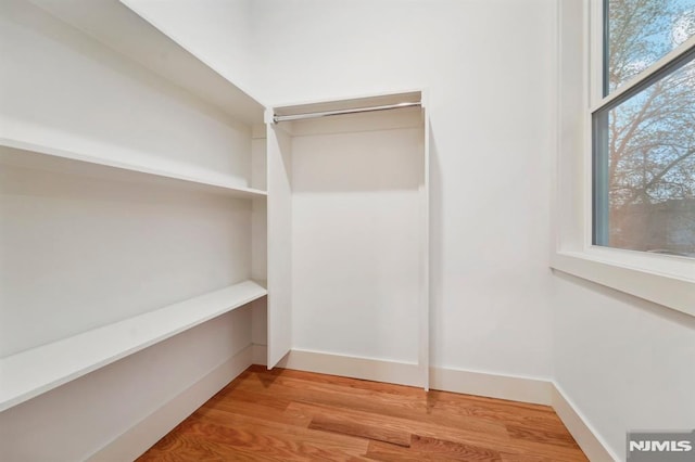 walk in closet with hardwood / wood-style flooring