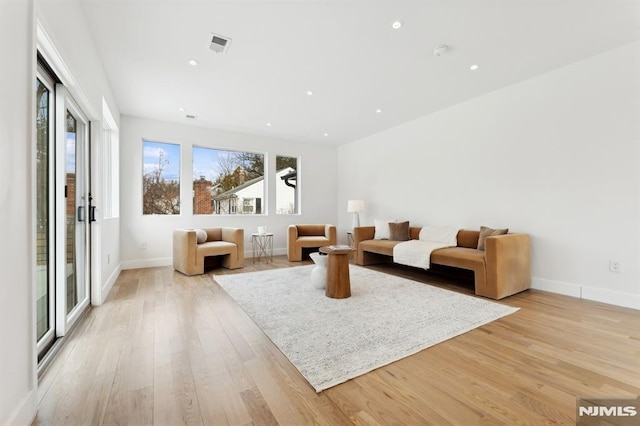 living room featuring a healthy amount of sunlight and light hardwood / wood-style floors