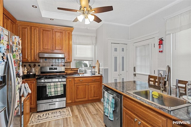 kitchen featuring light hardwood / wood-style flooring, stainless steel appliances, tasteful backsplash, ceiling fan, and sink